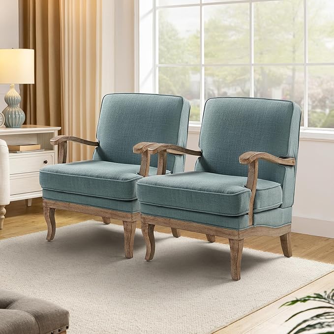 HULALA HOME Mid-Century Modern Accent Chairs Set of 2, Upholstered Lounge Arm Chair with Solid Wood Legs and Armrest, Removable Cushion Comfy Reading Armchair for Living Room, Bedroom, Balcony, Blue