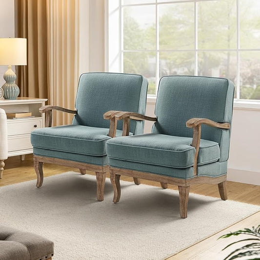 HULALA HOME Mid-Century Modern Accent Chairs Set of 2, Upholstered Lounge Arm Chair with Solid Wood Legs and Armrest, Removable Cushion Comfy Reading Armchair for Living Room, Bedroom, Balcony, Blue