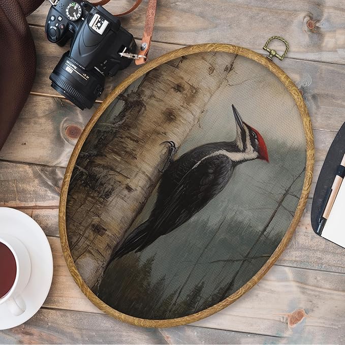 CGBHW Vintage Woodpeckers Bird Oval Wall Art Decor, Rustic Farmhouse Bird Canvas Prints Framed, Moody Forest Woodpeckers Wall Art Hanging Decor for Home Bedroom Living Room, 8.6x11.4 Inch