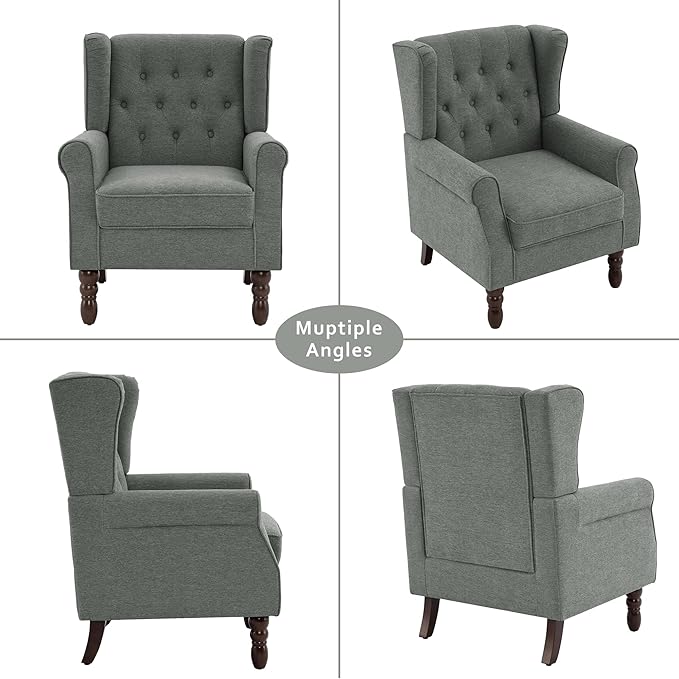 Accent Chairs Set of 2, High Back Upholstered Chair with Button Tufted, Mid-Century Modern Comfy Wingback Chair Reading Armchair in Fabric for Living Room for Bedroom, Office-Gray