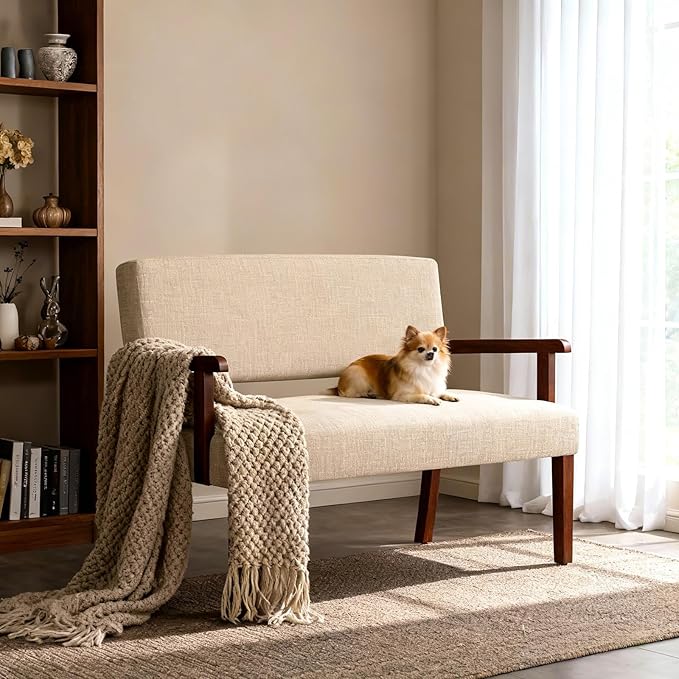Accent Chair 2 Seat, Upholstered Reading Leisure Chair, Bench with Solid Wood Frame for Dining, Reading,Waiting Rooms (Beige)