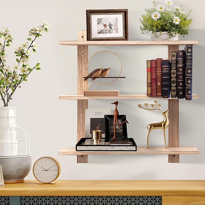 3 Tier Floating Shelves,Long Wall Shelf,Over The Toilet Shelves Bathroom Hanging Display Storage Rustic for Living Room Bedroom Kitchen Office Coffee Bar Decor ,24 Inch,2 Pack,(Carbonized Black)