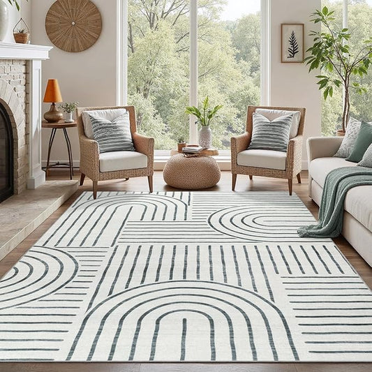 DCX Abstract Machine Washable 5x7 Rug, Gray Modern Accent Rug for Living Room, Soft Low Pile Non Slip Carpet, Kid & Pet Friendly Stain Resistant Rug for Bedroom Dining Room Office