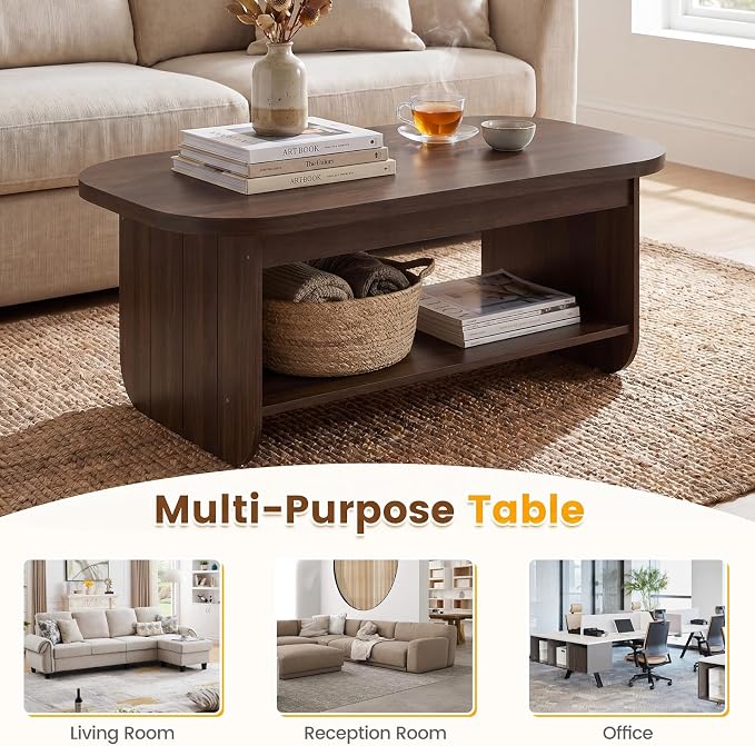 Giantex Oval Coffee Table, 47" Mid Century Modern Center Table with Storage Shelf & Round Corner, 2-Tier Accent Cocktail Tea Table, Wood Coffee Table for Living Room, Small Spaces (Espresso)