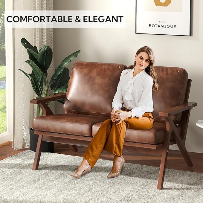 Bonzy Home 51.6" Loveseat Sofa Mid-Century Faux Leather Accent Chair, Upholstered 2-Seat Couch Loveseat with Solid Wood Frame and Cushions, Small Sofa Couch Armchair for Living Room, Bedroom,Brown