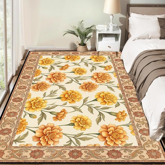 Marigold Floral Area Rug Vintage Boho Rug Bordered Non-Slip Washable Floor Mat for Bedroom Living Room Nursery Kitchen Playroom Home Decor,5'x7'