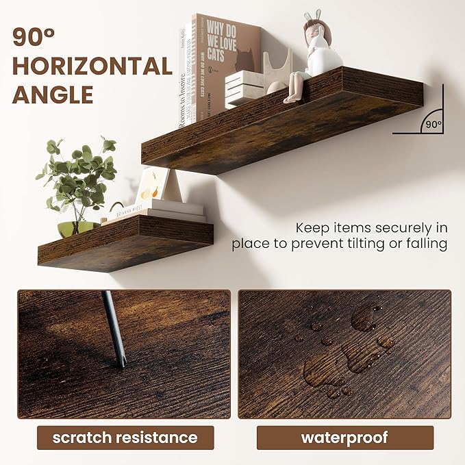 16 Inch Floating Shelves for Wall 2 Pack, 16" Wall Shelves for Books, Storage, Decor, Wall Mounted Floating Shelf with Invisible Brackets for Kitchen, Living Room, Brown