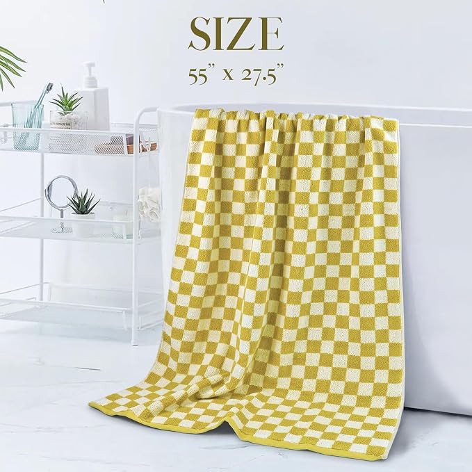 Jacquotha Luxury Bath Towels - Pack of 2 Cotton Fall Bathroom Towels Sets for Body Drying 55x27.5 Inches, Mustard Yellow Checkered