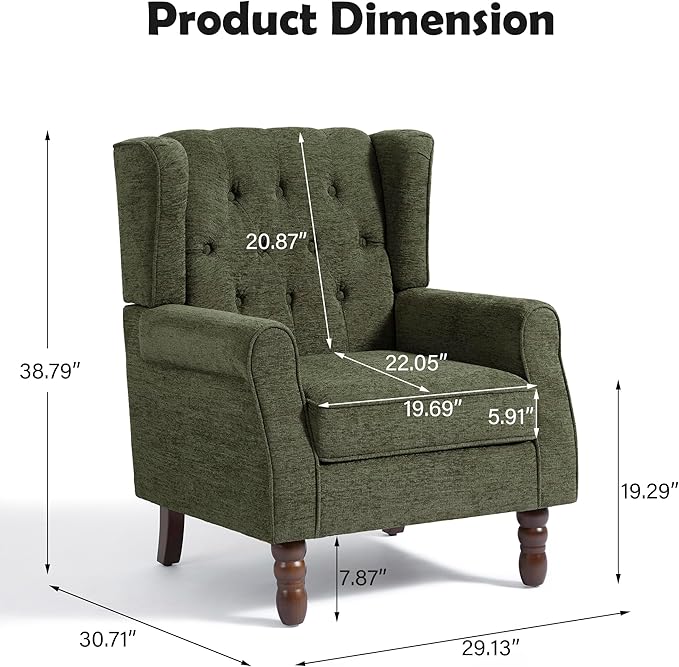 Mid-Century Modern Wingback Chair - Plush Upholstered Accent Armchair with Solid Oak Legs, Ergonomic High Back Lounge Chair for Living Room, Bedroom Office - Retro Modern Reading Chair Dark Green