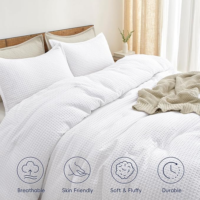 PHF Ultra Soft Waffle Weave Comforter Set California King Size, 3 Pieces Lightweight Breathable Comfy Bedding Set, Comfy Textured 1 Comforter with 2 Pillow Shams, White