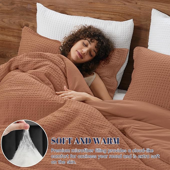 PHF Ultra Soft Waffle Weave Comforter Set Queen Size, 3 Pieces Lightweight Breathable Comfy Bedding Set, Comfy Textured 1 Comforter with 2 Pillow Shams, Terra Cotta