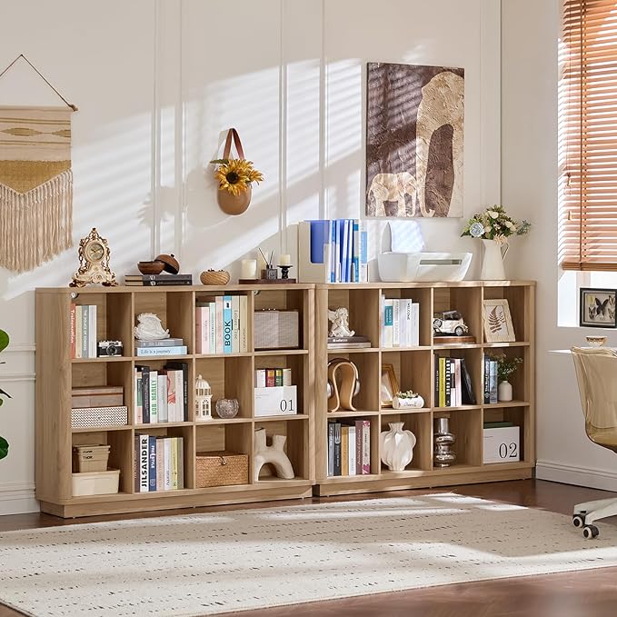 Joaxswe 12 Cube Storage Organizer, 41" Large Bookshelf with Curved Edge, Wood Floor Standing 3-Tier Cubby Bookcase with Base, Rustic Display Storage Cabinet for Living Room, Home Office, Natural Oak