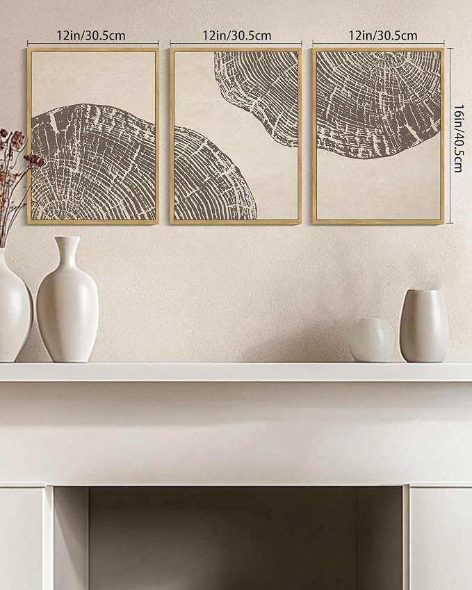 KUVIOKE Framed Tree Rings Wood Wall Art Modern Retro Beige Wood Stump Wall Decor Nature Rustic Art Print for Farmhouse Living Room Bedroom 12x16in (Natural Framed)