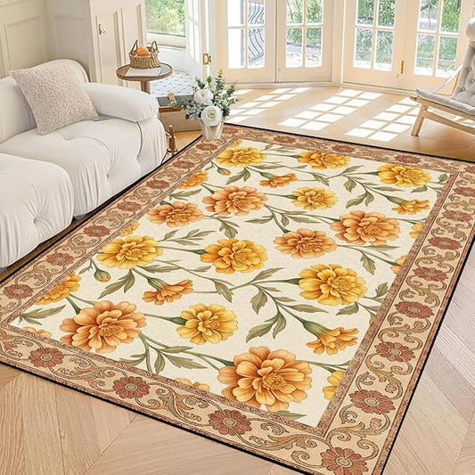Marigold Floral Area Rug Vintage Boho Rug Bordered Non-Slip Washable Floor Mat for Bedroom Living Room Nursery Kitchen Playroom Home Decor,4'x6'