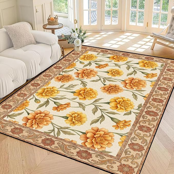 Marigold Floral Area Rug Vintage Boho Rug Bordered Non-Slip Washable Floor Mat for Bedroom Living Room Nursery Kitchen Playroom Home Decor,5'x7'