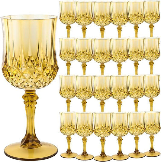 Plastic Wine Glasses, Plastic Goblets Vintage Style Cordial Drinking Glasses for Valentine’s Day, Wedding Reception, Grand Event Party Supplies (24, Gold)