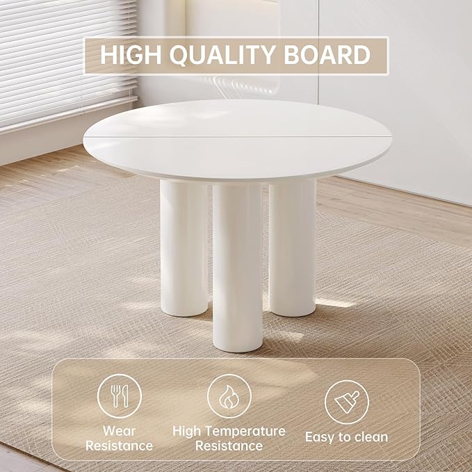 46.06" White Dining Table for 4 Round Kitchen & Dining Room Tables with Thicken Tabletop and Wooden Legs Circle Leisure Coffee Dinette Table for Kitchen, Living Room, Office