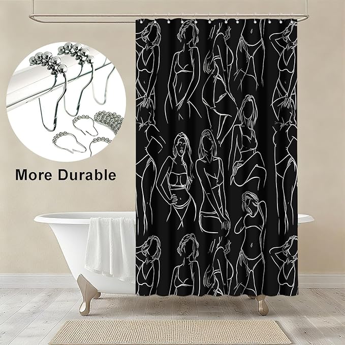 Black and White Abstract Shower Curtain Women Minimalist Line Art Shower Curtains for Bathroom Waterproof Fabric Bath Curtain Decor with Hooks