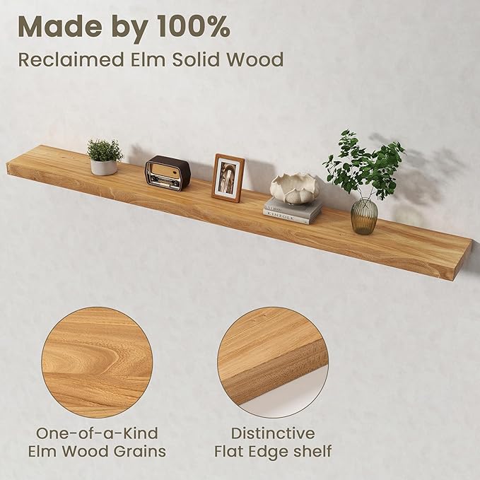 Fun Memories Solid Elm Wood Floating Shelves Set of 1-72 Inch Rustic Wall Shelves with Heavy-Duty Invisible Brackets - for Living Room, Kitchen, Bedroom, Bathroom - Natural Finish