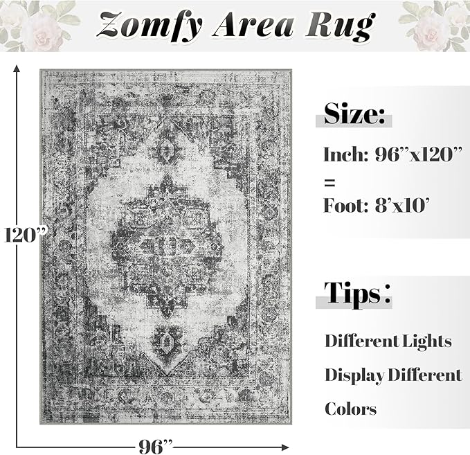 Area Rug 8x10 Vintage Rugs: Large Washable Indoor Medallion Rug Low Pile Distressed Floor Carpet Retro Accent Rugs for Living Room Bedroom Kitchen Dining Table Home Office(Black, 8'x10')