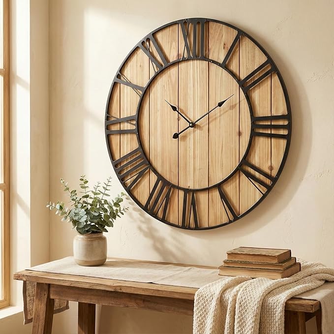 Large Farmhouse Wall Clock 30 Inch Vintage Brown Wooden Wall Clock with Quiet Ticking and Minimalist Roman Numerals for Bedroom Living Room Office Kitchen Home Decor, Battery Operated