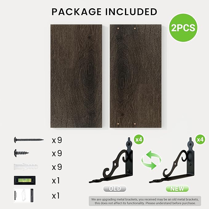 RICHFOCUS Floating Shelves for Wall Decor, 8 Inch Deep Shelves Set of 2, 16W x 8D Floating Shelves Wall Mounted with Metal Brackets, Rustic Wood Shelves for Living Room Bedroom Kitchen, Black