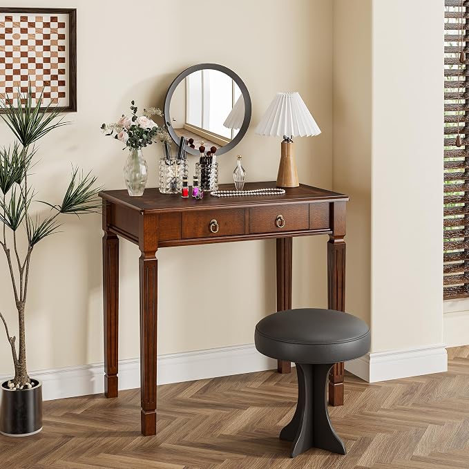 Small Writing Desk With 2 Storage Drawers, 31.5" Home Office Desks , Elegant Wood Writing Desks with Carved Legs, Classic Vanity Dressing Table For Small Space Easy Assembly Caramel Brown SSZ-D1258