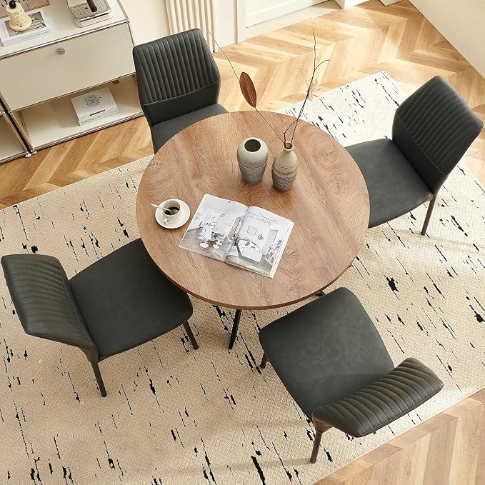 37" Round Dining Table Set for 4, Mid Century Modern Small Coffee Set for Dining Room Kitchen Apartment (Walnut Table + 4 PU Leather Dark Grey Chairs)