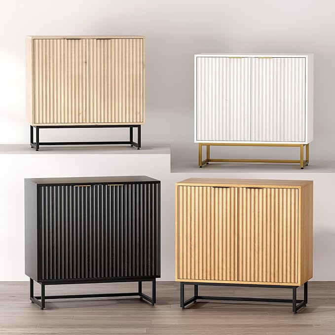 Fluted Storage Cabinet Set of 3, Sideboard Buffet Cabinet Modern Accent Cabinets with Adjustable Shelves, Credenza, Console Table Entryway Cabinets for Living Room, Light Oak