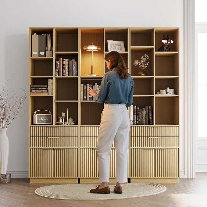 Bookshelf with Drawers, 73 Inches Fluted Tall Bookcase with Doors, Wooden Book Shelf with 4-Tier Storage Shelves for Home Office, Light Walnut