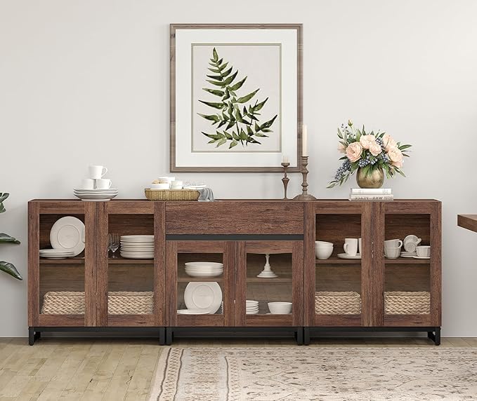 WAMPAT 3 in 1 Modern Sideboard with Adjustable Shelves and Drawer,Storage Cabinet with Glass Doors, Coffee Bar Cabinet for Living Room, Kitchen, Brown