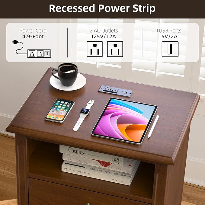 24" Wide Solid Wood Nightstands Set of 2, Walnut Night Stand with 2 Large Drawers & Open Shelf, Bedside Table with USB Ports and Outlets, Farmhouse Nightstand for Bedroom
