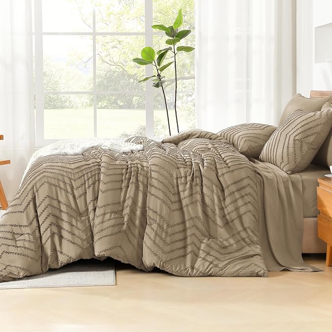 Litanika Taupe Queen Size Comforter Set with Sheets - 7 Pieces Bed in a Bag Queen Boho Tufted Complete Bedding Sets with Comforter, Sheets, Pillowcases & Shams