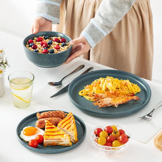 vancasso Plates and Bowls Sets, 24 Pieces Stoneware Dinnerware Set for 8, Ceramic Dish Set for Kitchen, Microwave and Dishwasher Safe, Smoky Teal, Series ZERMATT