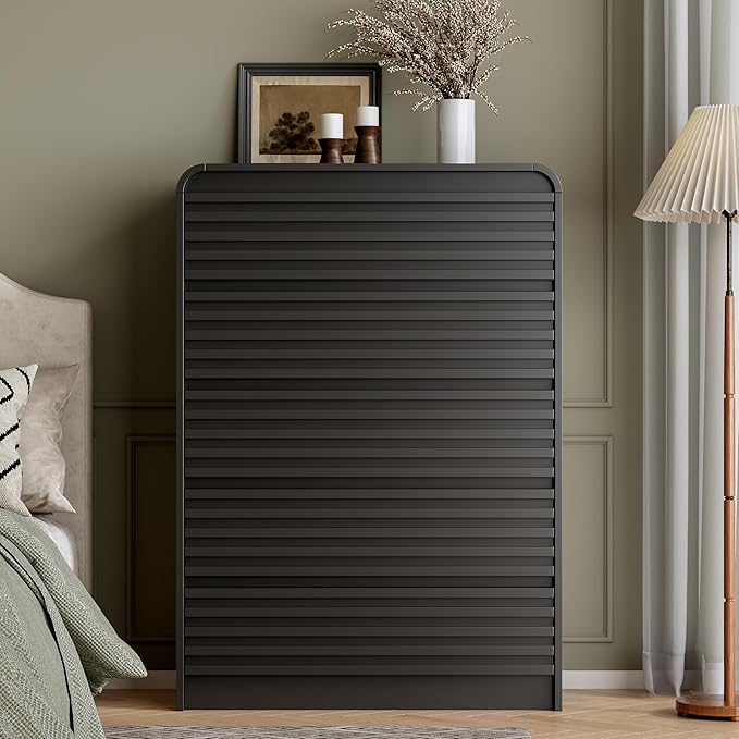 Fluted 5 Drawer Dresser for Bedroom, 45" Tall Wood Chests of Drawers with Curved Profile, Mid Century Modern Dresser with Large Storage & Hidden Handles for Living Room, Hallway, Black