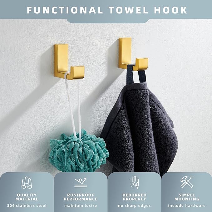 Angle Simple Towel Hook Brushed Dark Gold 2 Pack, 304 Stainless Steel Robe Hook for Bathroom