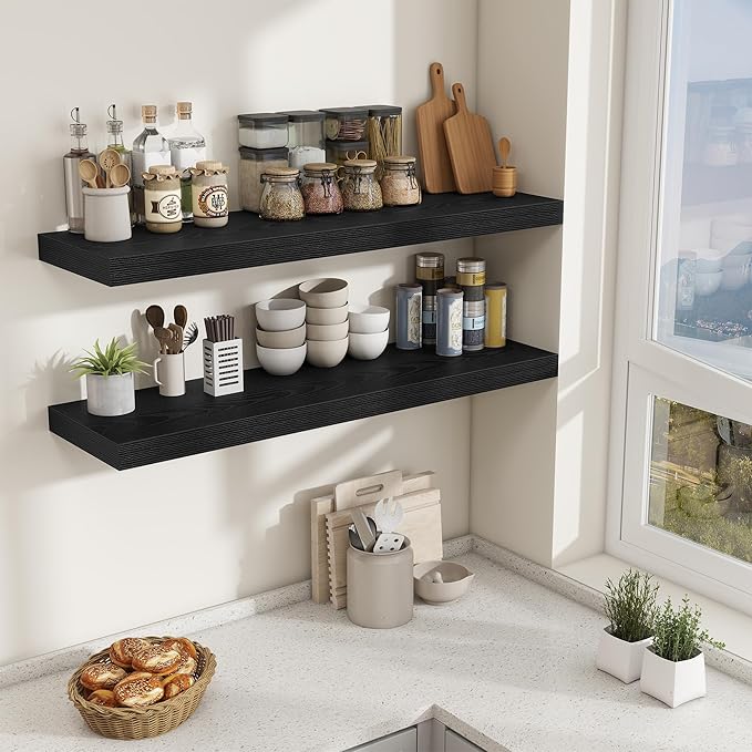 Fun Memories 48 Inch Floating Shelves for Wall - 12 Inch Deep Fireplace Mantel Shelf - Wood Floating Shelf for Wall - Large Storage Shelves Wall Mount for Living Room & Bedroom - Black - Set of 2