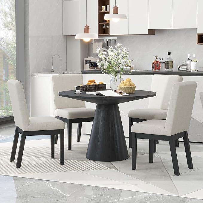 Modern 46.5" Round Dining Table for 4-6, Wooden Kitchen Table with MDF Top & Pedestal Base, Mid Century Modern Dining Table for Dining Room, Kitchen, Living Room, Black