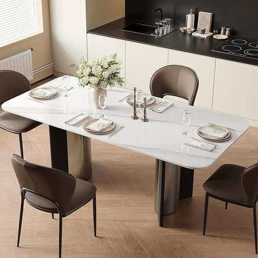 Modern Sintered Stone White Dining Table for 4-6 with Stainless Steel & Wood Legs, 63 Inch Glossy Kitchen Table, Easy Assembly Rectangular Dining Room Table (Table Only)