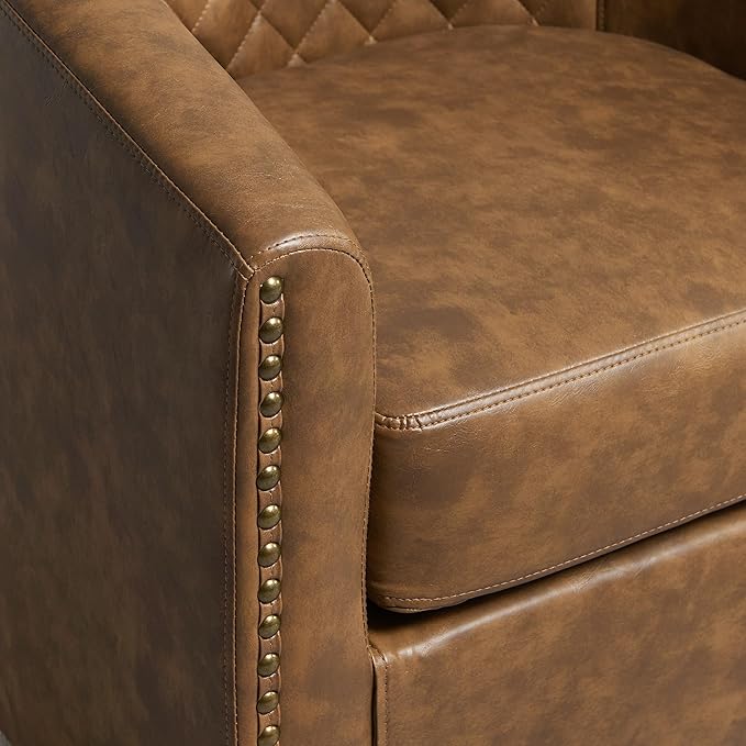 KINWELL 29" Wide Tufted Faux Leather Swivel Barrel Chair Set of 2, PU Leather Modern Upholstered Accent Chairs with Nailhead Trim, Small Armchair for Living Room Bedroom, Coffee
