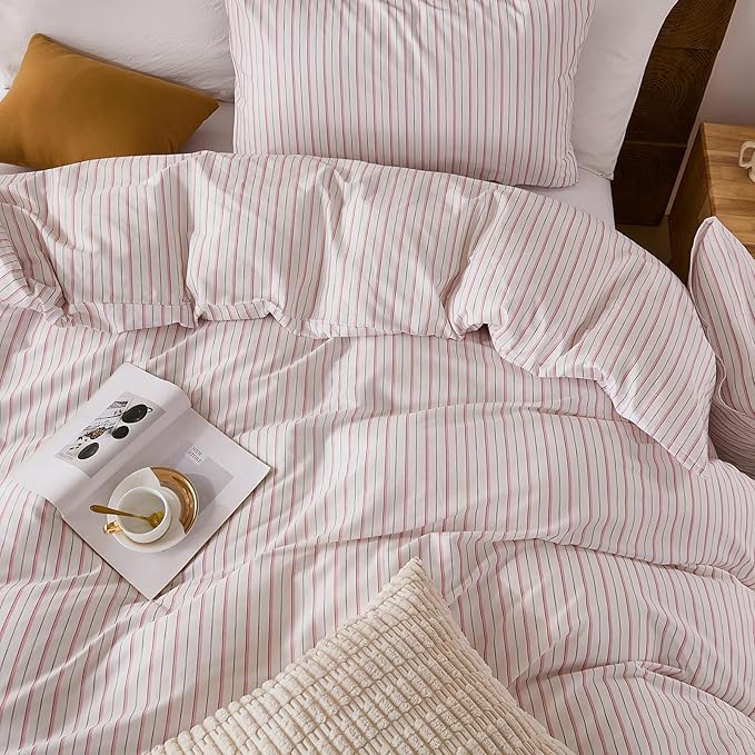 Merryword 100% Cotton Duvet Cover Set King Size - White & Pink Stripes Duvet Cover with Pillowcases, Soft Breathable Bedding Set Modern Minimalist Pinstripe Comforter Cover for All Seasons