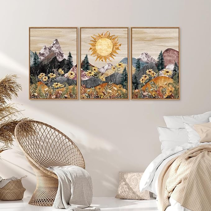 Rantodecor Boho Mountain Framed Canvas Wall Art, Western Daisy Floral Landscape Wall Decor, Rustic Fern Flowers Art Painting, Modern Fantasy Nature Sun Artwork for Bedroom Living Room Office 16"x24"x3