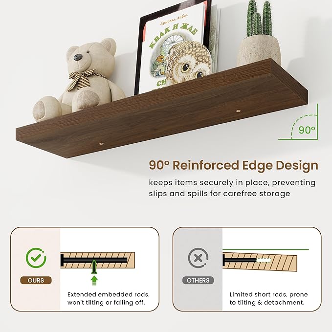 36in Floating Shelves for Wall, 36"W x 9.25"D x 1.25"H, 2 Pack Long Wall Mounted Engineered Wood Shelves with Invisible Brackets for Living Room, Bedroom, Bathroom, Kitchen Decor and Storage, Walnut