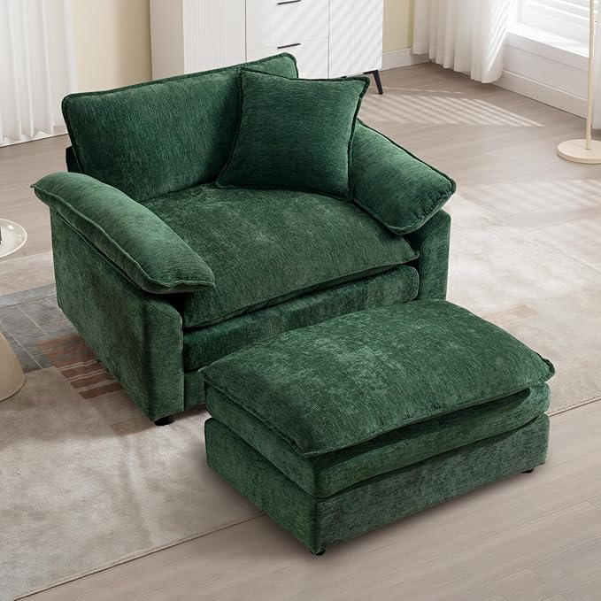 Green Oversized Chair with Ottoman, Comfy Accent Chair Large Upholstered Armchair with Extra Thick and Deep Seat Modern Lounge Chair for Living Room,Bedroom,Apartment,Chenille