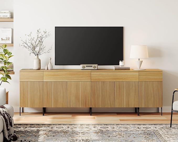 WAMPAT 94.5" Large Sideboard Buffet Cabinet with 4 Drawers & 5 Doors, 4-in-1 Fluted Storage Cabinet with Charging Station, Modern Buffet Table Coffee Bar Wine Bar Cabinet for Dining Room, Oak