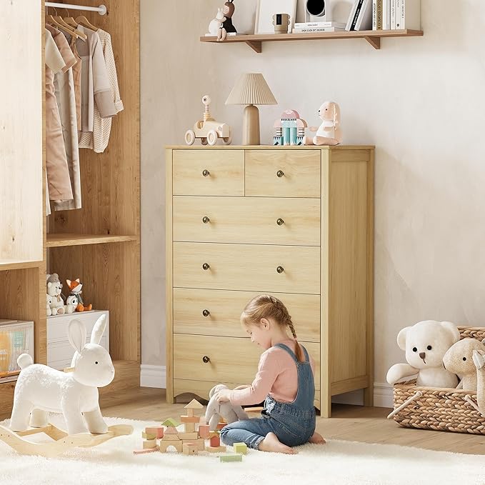 Dresser for Bedroom with 6 Drawers, 44” Tall Modern Wood Dresser Chest of Drawers with Metal Handle, Farmhouse Natural Solid Wooden Dressers Organizer for Living Room, Hallway