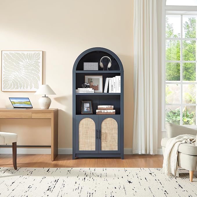 RowyPoey Rattan Arched Cabinet Bookshelf - 69.3” Tall Mid Century Display Cabinet, Rounded Bookcase with Rattan Doors, Open Shelf Storage for Dining Room (Blue, 1 PC)