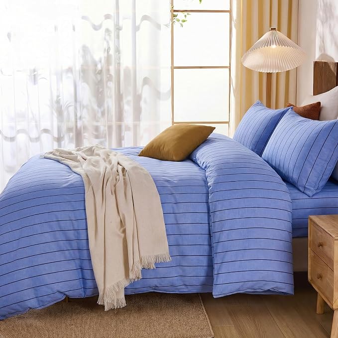 Merryword Blue Striped Duvet Cover Set King Size, 100% Cotton Denim Blue Bedding Set with Zipper Closure & 8 Corner Ties, Luxury Linen Like Bedding, Soft Breathable Comforter Cover for All Seasons