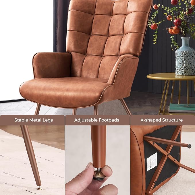 Kosydown PU Leather Accent Chair, High Back Wingback Chair, Comfortable Single Seating, Elegant Tufted Accent Chair for Living Room, Bedroom, Office, Reading Room, Brown