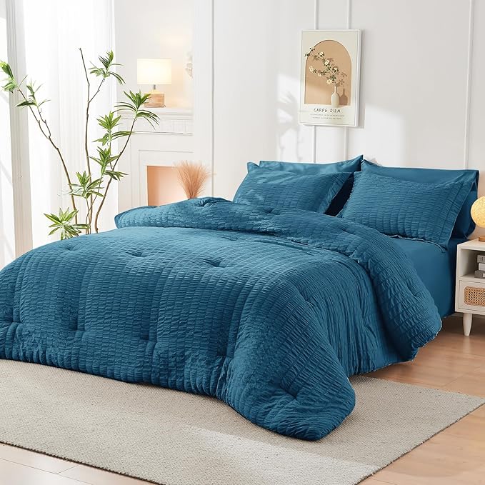 HYMOKEGE Teal Queen Comforter Set Seersucker 7 Pieces, All Season Luxury Bed in a Bag for Bedroom, Bedding Set with Comforters, Sheets, Pillowcases & Shams